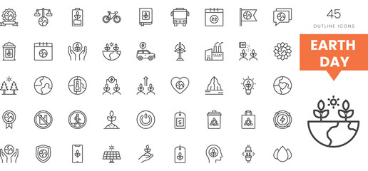 A collection of Earth Day themed outline icons showcasing eco-friendly symbols.