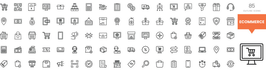 A collection of outline icons representing various ecommerce concepts and services.