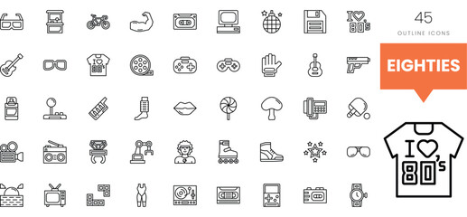 A collection of 80s themed outline icons, including gaming, music, and fashion.