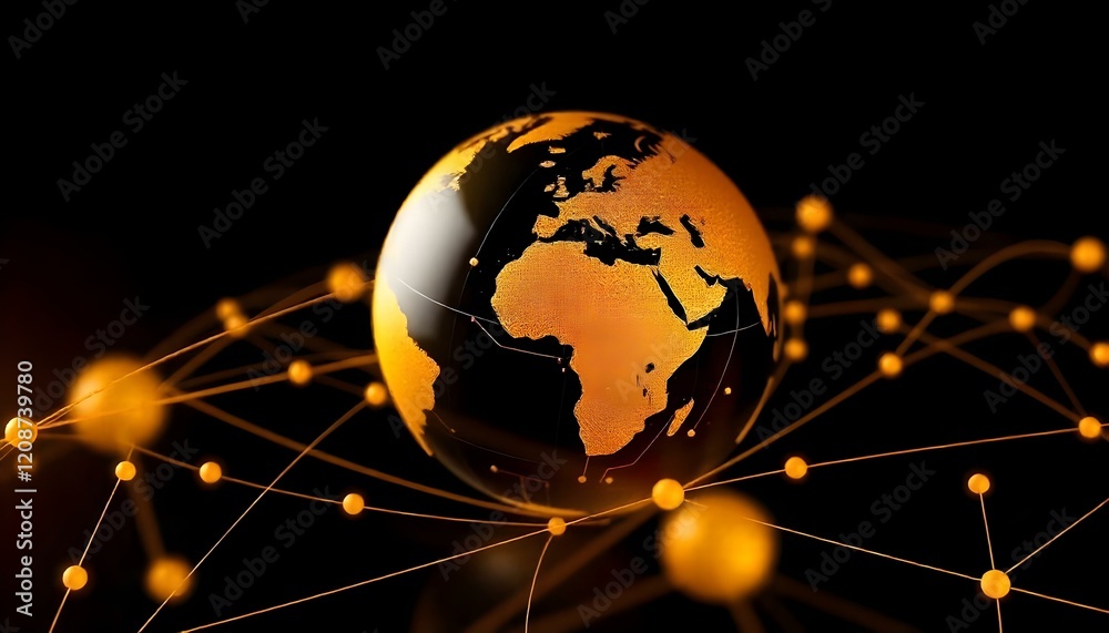 Poster a golden globe with network connections on a black background, symbolizing global technology, commun