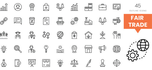 Outline icons representing concepts of fair trade and sustainability, including symbols of equity.