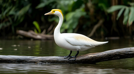 Obraz premium White bird perched on log in lush tropical wetland, nature background, wildlife photography