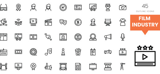 Film industry outline icons showcasing various elements of filmmaking and production.