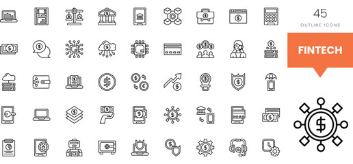 Collection of fintech outline icons representing modern financial technology concepts.