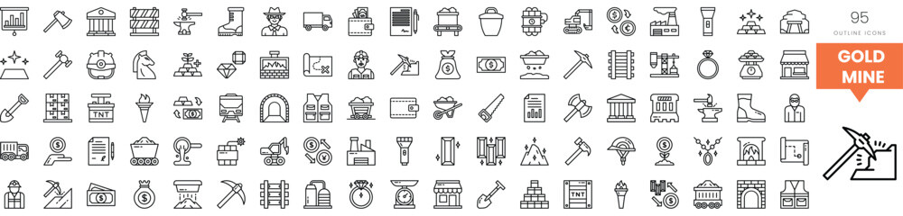 Black and white icons representing various aspects of gold mining and treasure hunting.
