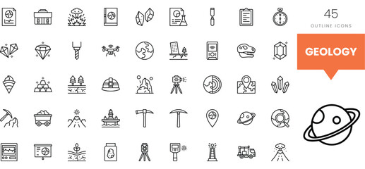 Collection of geology-themed outline icons including minerals and survey equipment.