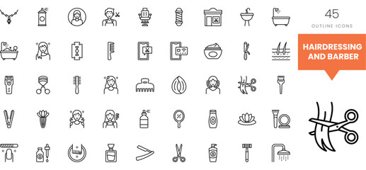 A collection of outline icons representing hairdressing and barber tools and products.