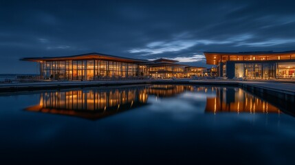 Modern waterfront building at twilight, reflecting in calm water.
