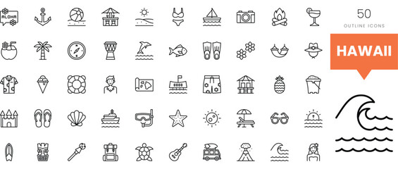 A collection of outline icons representing Hawaiian culture and activities.