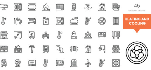 A collection of 45 outline icons depicting heating and cooling equipment.