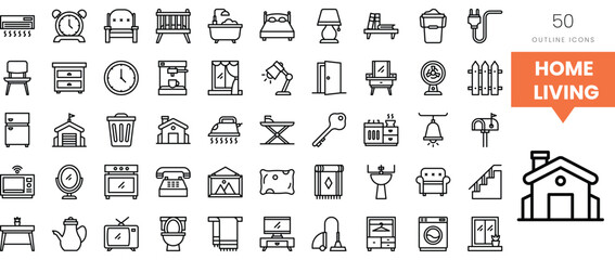A collection of 50 outline icons representing home living essentials.