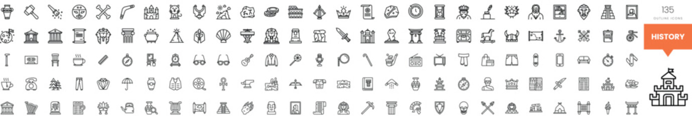 A diverse collection of historical icons in black and white, showcasing various artifacts.