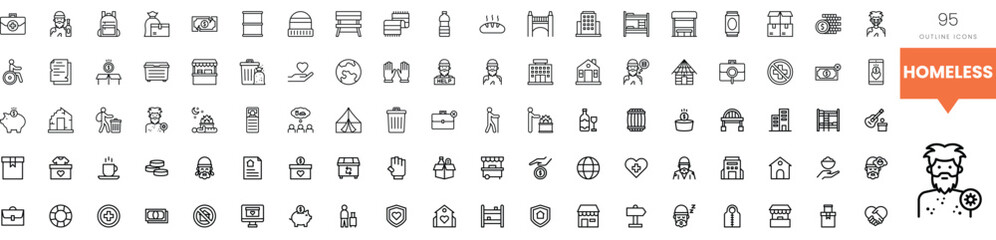A collection of 95 minimalistic icons representing various aspects of homelessness.