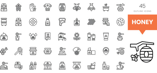 Collection of honey-themed outline icons featuring bees and honey products.