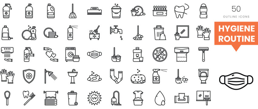 A collection of hygiene routine outline icons showcasing cleaning and personal care items.