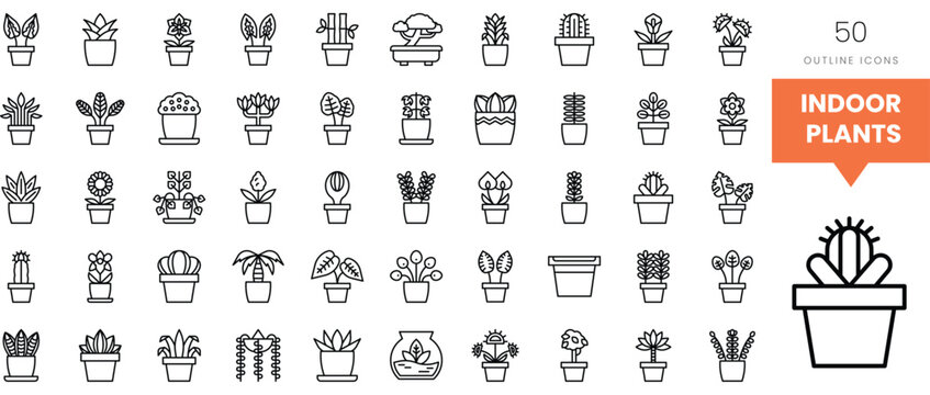 Variety of indoor plant icons, featuring different shapes and styles in pots.