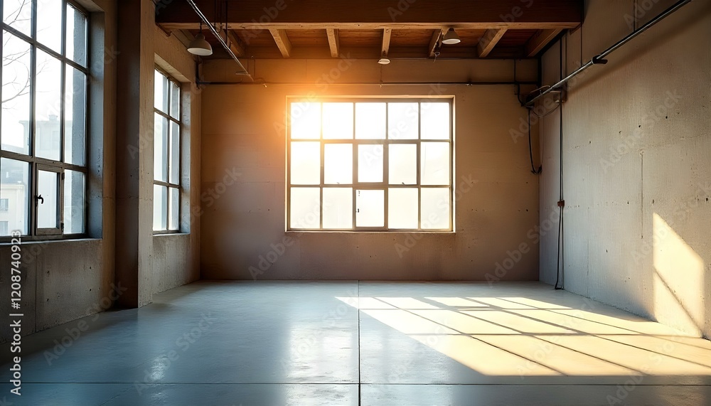 Aufkleber Sunlight streams through a large window, flooding an empty industrial loft with warm, natural light