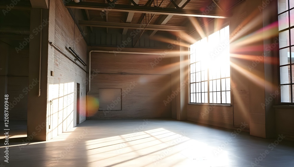 Aufkleber sunlight streams through a large window, flooding an empty industrial loft with warm, natural light