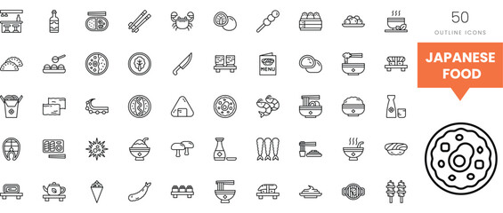 Collection of Japanese food icons featuring various dishes and utensils.