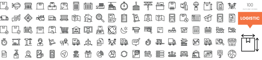 A collection of 100 logistical icons in a clean, monochrome design.