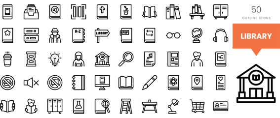 A collection of library-related outline icons in a minimalist style.