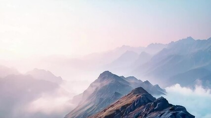 A misty mountain range with  pine trees  and  a blue sky