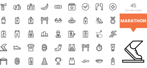 A collection of 45 marathon-related outline icons showcasing various race elements.