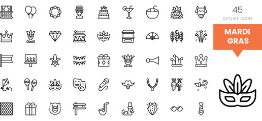 A vibrant collection of Mardi Gras-themed outline icons in black and white.