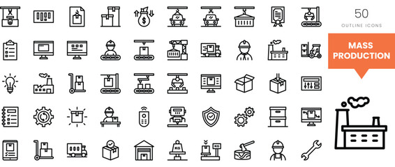 Set of outline icons depicting mass production concepts including machinery and packaging.