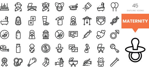 Collection of maternity-themed outline icons for motherhood and baby care.
