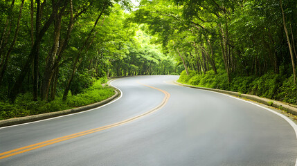 Winding road through lush green forest, scenic drive, nature background, travel poster