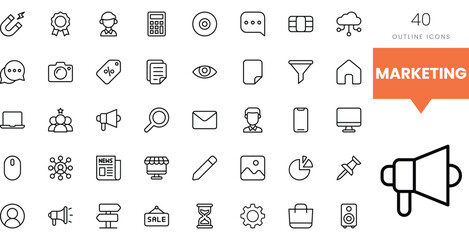 A collection of 40 outline icons representing various marketing concepts.