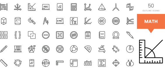 Collection of educational math icons in a modern outline style.