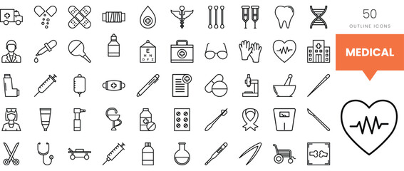 Collection of medical outlines including syringes, bandages, and lab equipment.