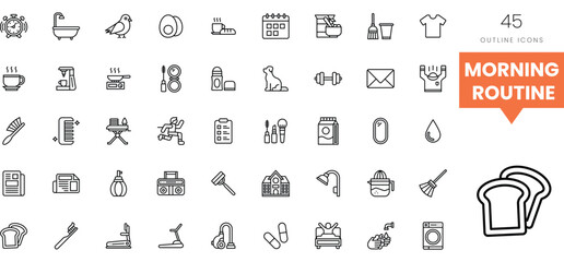 A collection of 45 outline icons depicting various morning routine activities.