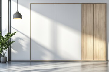 Fototapeta premium Minimalist interior design with large white closet and wood panel, sunlight streaming through window, plant in pot.