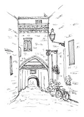 Vintage Alleyway with Arch, Bicycle, and Lamp, Simple Hand Draw Sketch Vector