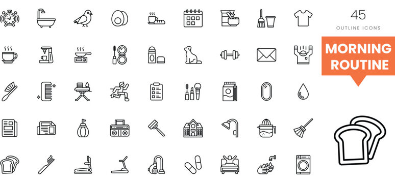 A collection of 45 outline icons depicting various morning routine activities.