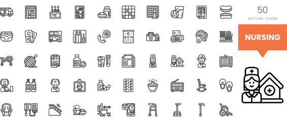 A collection of nursing-themed outline icons showcasing healthcare essentials.
