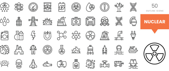 A collection of black and white outline icons related to nuclear themes and energy.