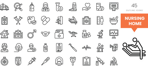 A collection of 45 outline icons representing nursing and healthcare services.