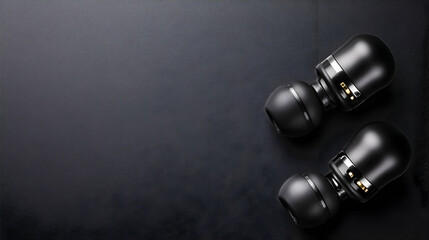 Wireless earbuds on dark background, ready for music listening, copy space available for text