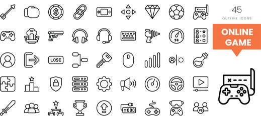 A collection of 45 outline icons representing online gaming elements.