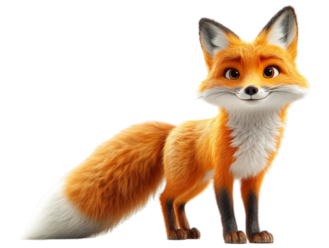 A cheerful fox with a bushy tail isolated on white background. Suitable for marketing or business purposes. PNG file