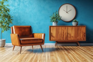 Modern Living Room with Stylish Brown Armchair and Elegant Sideboard against a Blue Wall, Featuring...