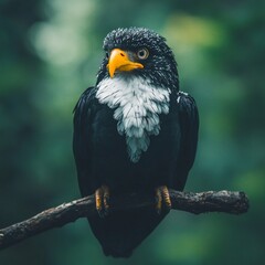Black and white bird with yellow beak perched on a branch.
