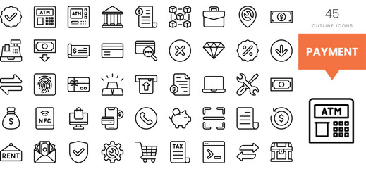 An array of payment-related outline icons, showcasing diverse finance concepts.