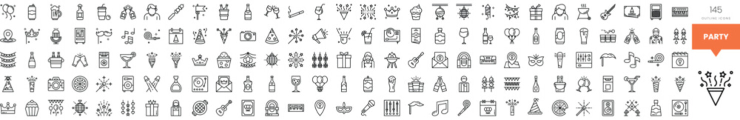 A diverse collection of party-themed icons in monochrome style.