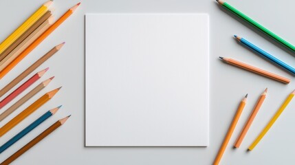 Blank Square Paper Surrounded by Various Colored Pencils and Wooden Pencils on a Light Background Perfect for Art Projects and Creative Ideas