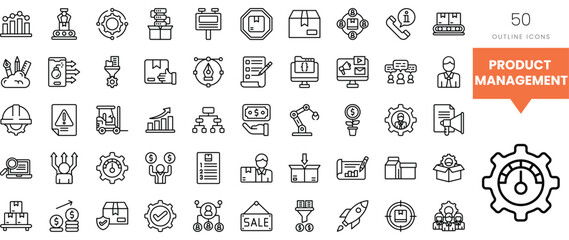 A collection of 50 outline icons representing various aspects of product management.